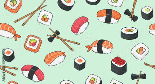Cartoon Sushi and Chopsticks Seamless Pattern - Japanese Food  Drink Vector Illustration