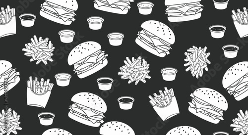 Food Industry Black  White Line Art Seamless Pattern with Hamburgers, French Fries, and Dipping Sauce