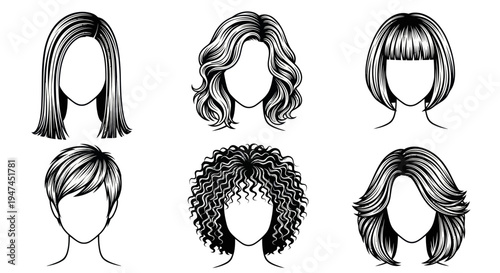 Fashion  Beauty: Black White Line Art Vector Set of Women's Hairstyles  Haircuts
