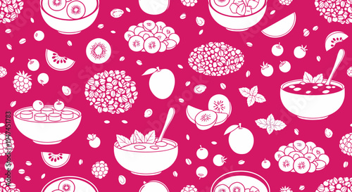 Food  Drink Flat Line Art Seamless Pattern: Healthy Breakfast Fruits, Berries  Smoothie Bowls
