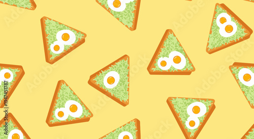 Flat Seamless Pattern of Avocado Toast with Eggs for Breakfast Food Background