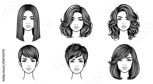 Beauty Salon Women's Hairstyles Vector Line Art Collection with Diverse Haircuts