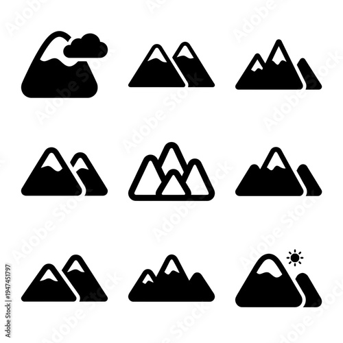 Set of black mountain range vector icons on white background.