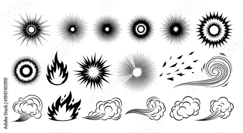 Graphic Design Comic Effects Set: Explosions, Fire, Smoke, Wind Black  White Line Art Vector