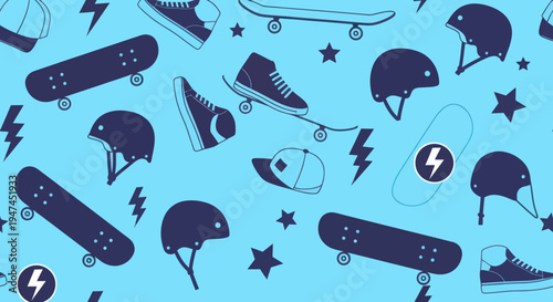 Flat Vector Skateboarding Gear Seamless Pattern for Youth Lifestyle Background