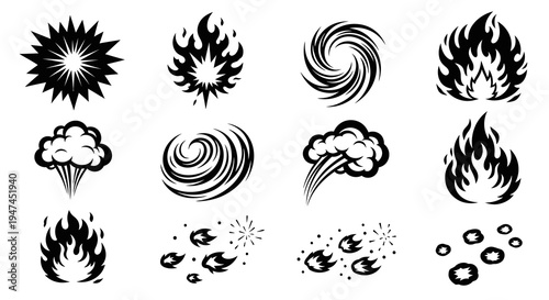 Black  White Glyph Action Effect Icons: Explosion, Fire, Smoke, Wind