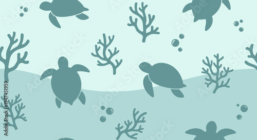 Flat Design Vector Pattern with Blue Sea Turtles and Coral in an Underwater Ocean Scene