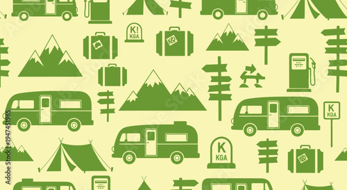 Outdoor Adventure  Travel Flat Design Seamless Pattern with Camping Icons, Camper Vans  Mountains