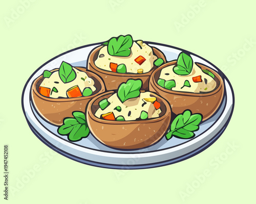 Roasted potato halves topped with melted cheddar and chopped chives arranged on a light green platter for family dinner sides - Vector Illustration