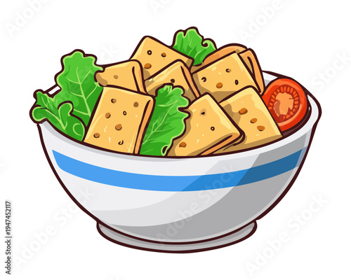 Fresh garden salad bowl with crunchy croutons and sliced tomatoes for healthy vegetarian lifestyle and nutritious organic meal options - Vector Illustration