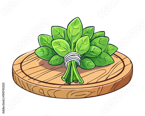 Fresh bunch of spinach leaves tied with string on a wooden chopping board for healthy smoothie and cooking preparation - Vector Illustration