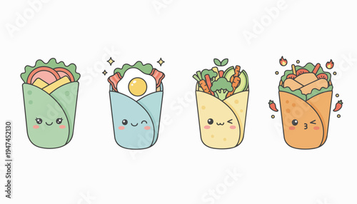 Four adorable kawaii-style burritos with cute smiling faces, each filled with different ingredients and presented in a charming, cartoonish manner.