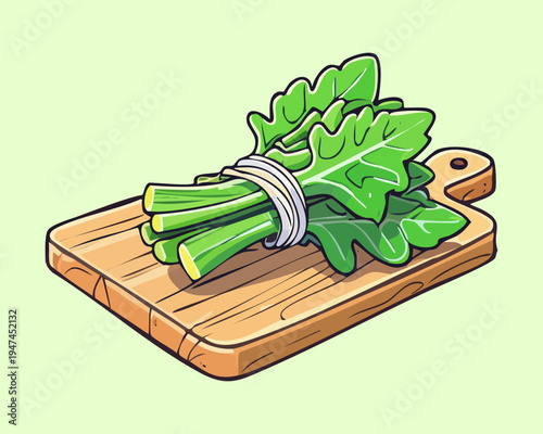 Freshly harvested kale leaves tied in a bundle on a wooden board for superfood nutrition and healthy cooking ingredients - Vector Illustration