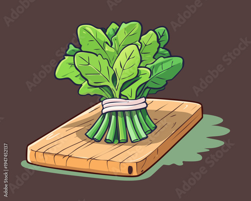 Tied bundle of green scallions on a wooden board for kitchen seasoning and aromatic vegetable garnish in traditional recipes - Vector Illustration
