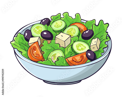 Greek salad bowl with feta cheese olives and fresh vegetables for healthy Mediterranean meal and nutritious vegetarian diet options - Vector Illustration