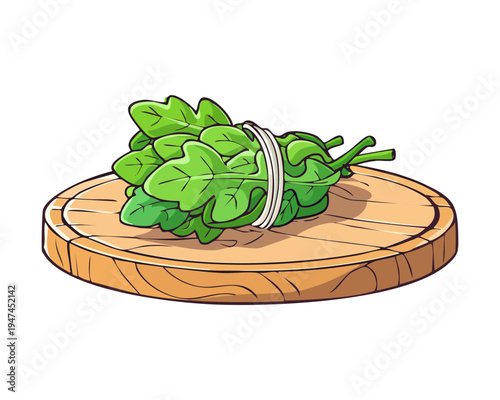 Organic green herb sprigs tied with rope on a wooden plate for natural flavoring and culinary herb garden marketing - Vector Illustration