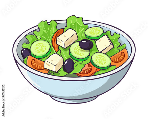 Refreshing garden salad with feta cubes and black olives in a green bowl for light lunch and wellness lifestyle - Vector Illustration
