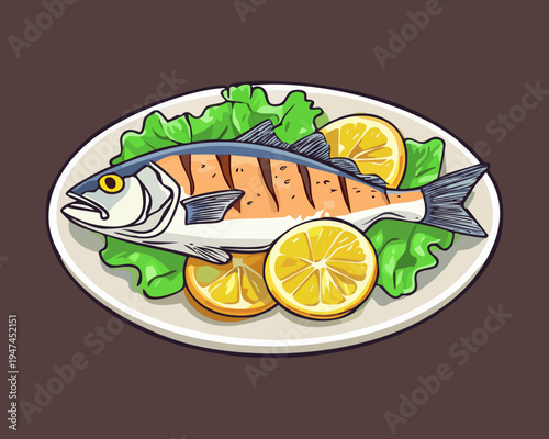 Whole roasted fish garnished with lemon and greens on a platter for elegant seafood dining and healthy meal preparation - Vector Illustration