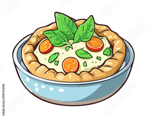 Savory meat pie with golden crust and herb garnish on a white plate for traditional comfort food and bakery - Vector Illustration