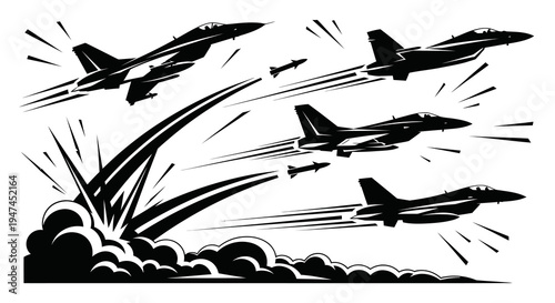 Military Aviation Combat: Black  White Vector Silhouette of Fighter Jets, Missiles  Explosion