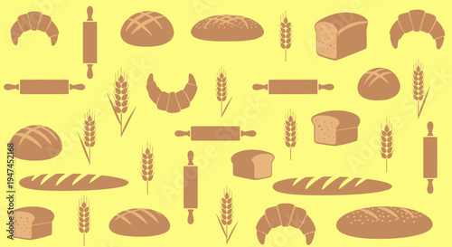 Food and Bakery Seamless Pattern: Flat Silhouette Icons of Bread, Croissants, Wheat, Rolling Pins