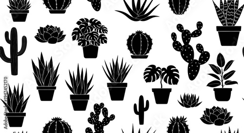 Nature  Home Decor: Black  White Silhouette Seamless Pattern of Potted Succulents and Cacti