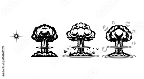 Black  White Line Art Vector Set: Military Nuclear Mushroom Cloud Explosions and Starburst.