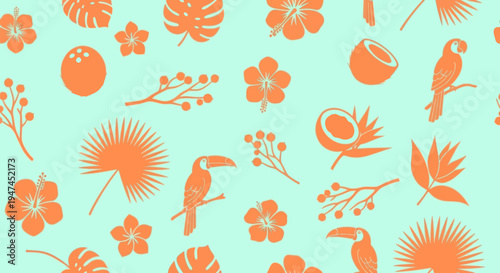 Glyph Flat Island Vacation Seamless Pattern with Exotic Tropical Flowers, Birds, and Fruits