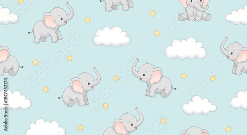 Cute Cartoon Baby Elephants Seamless Pattern Illustration for Kids Nursery