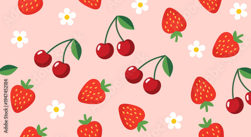 Food  Nature Flat Vector Seamless Pattern: Sweet Summer Strawberries, Cherries, and White Flowers