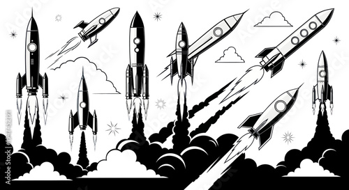 Black  White Line Art Space Rockets Launching. Technology Innovation  Business Startups