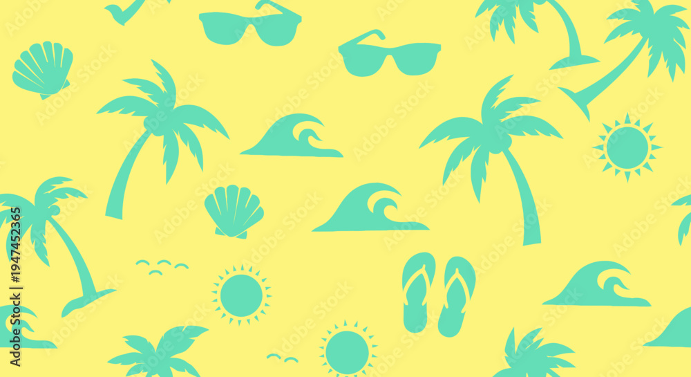 Obraz premium Seamless Summer Beach Vacation Flat Design Vector Pattern with Tropical Icons