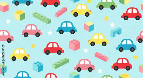 Children's Toys Flat Design Seamless Pattern with Toy Cars and Building Blocks Background
