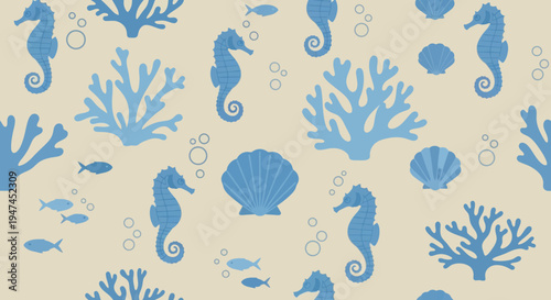 Flat Vector Seamless Pattern: Cute Marine Life with Seahorses, Coral, Shells  Fish on Beige Background