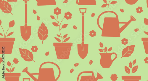Gardening Horticulture Flat Design Seamless Pattern with Plant Care Tools  Flowers