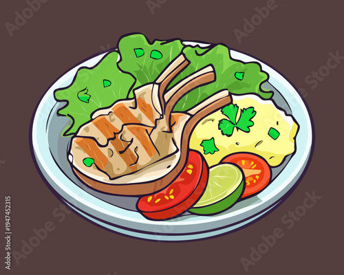 Roasted lamb ribs with mashed potatoes and green salad on a plate for traditional family dinner celebration - Vector Illustration