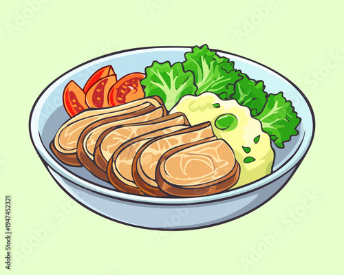Sliced roast meat with mashed potatoes and fresh vegetables on a white plate for healthy balanced meal options - Vector Illustration