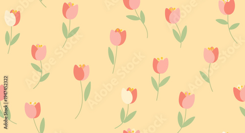 Cute Flat Design Tulip Flowers Seamless Pattern on Pastel Yellow Background