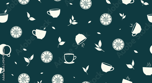 Refreshing Tea Time Flat Vector Seamless Pattern with Hot Beverage Cups, Leaves  Lemon