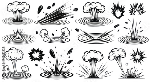 Action Comic Book Effects: Explosions, Impacts, Splashes. Black  White Line Art Vector Set.