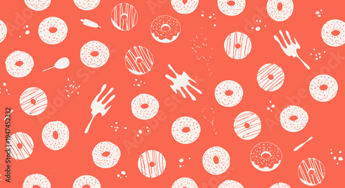Food Industry Graphic Seamless Pattern: Donuts, Fork, Spoon, Sprinkles - Line Art Style