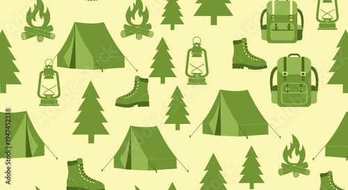 Flat Illustration Seamless Pattern of Camping and Outdoor Adventure Equipment