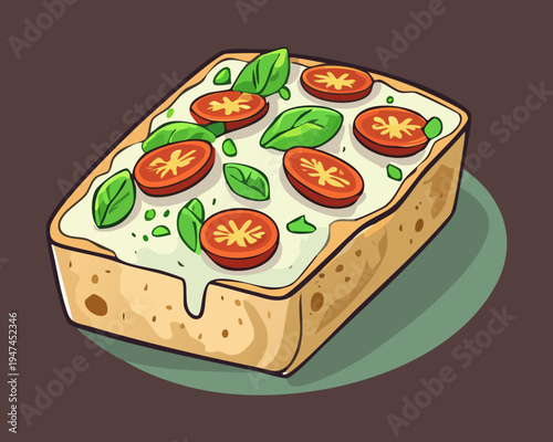 Rectangular thick crust pizza with tomato and basil on a wooden board for artisanal bakery and snack bar - Vector Illustration