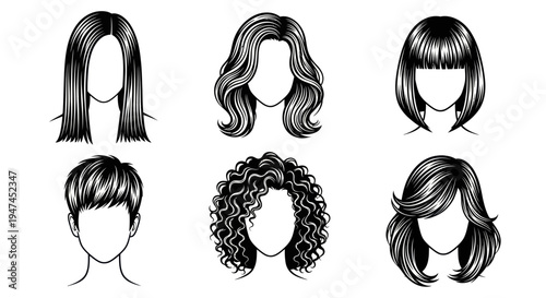 Diverse Hairstyles Black and White Line Art Vector Set for Beauty and Fashion Industry