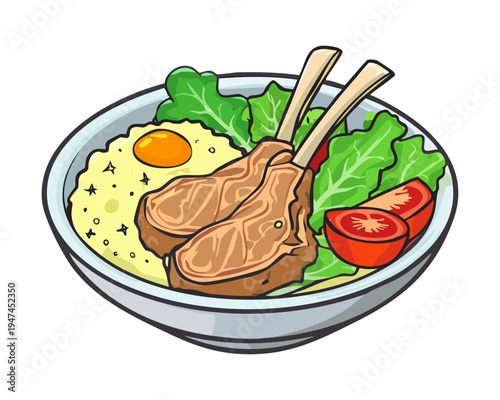 Grilled lamb cutlets with potato mash and herb garnish in a ceramic bowl for rustic restaurant dining - Vector Illustration