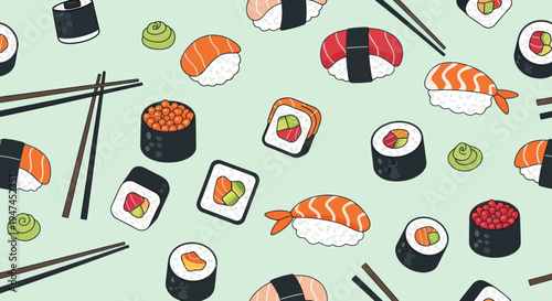 Japanese Food Flat Cartoon Seamless Pattern with Sushi, Maki, Nigiri, Chopsticks  Wasabi