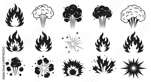 Visual Effects Black  White Glyph Explosion, Fire, Smoke Vector Icons Set
