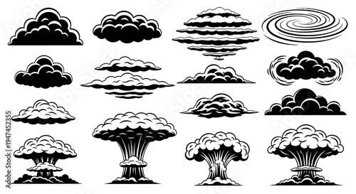 Vector Black  White Line Art Clouds, Explosions, and Swirl Design Elements Set