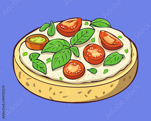 Deep dish vegetable pizza with mozzarella and fresh basil for hearty vegetarian meal and restaurant menu graphics - Vector Illustration