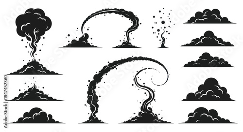 Black Silhouette Smoke, Dust, Cloud, and Explosion Glyph Icons Set for Visual Effects Design